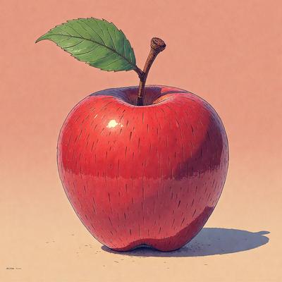 The primary subject of the image is a red apple with a green leaf on top, sitting on a table. The setting is a table, and the visual style is a digital art illustration. The dominant colors are red and green, creating a vibrant and fresh atmosphere.